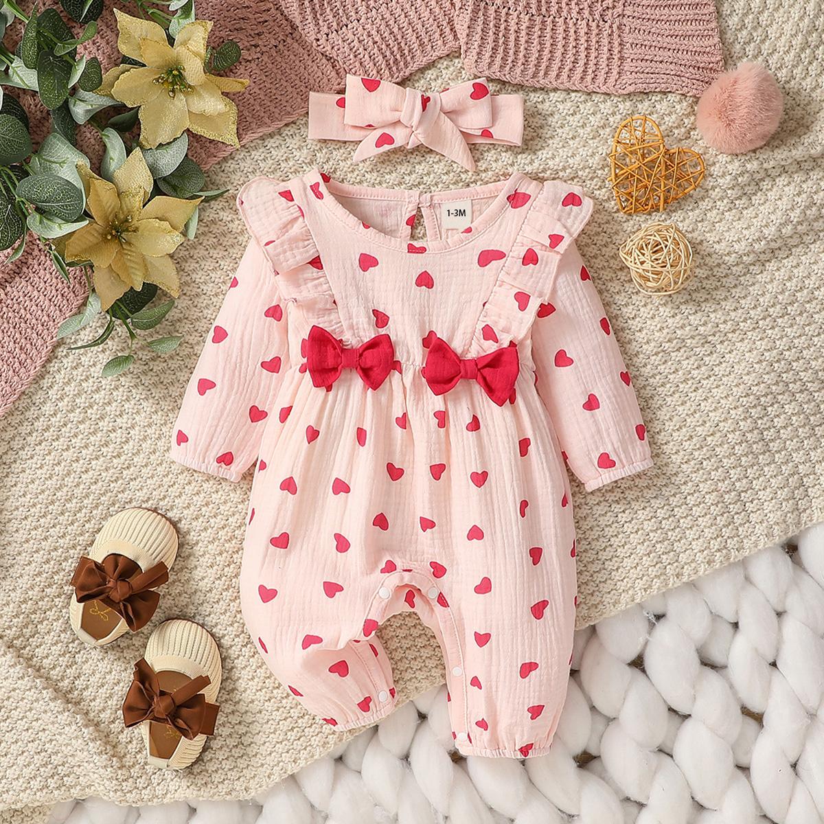 MARKET-2 Baby Meisjes All Seasons Lange Mouwen Print Bloemen Met Strik Dagelijkse Jumpsuit Voor Pasgeboren-6M Kleding +Hoofdband 0-1M