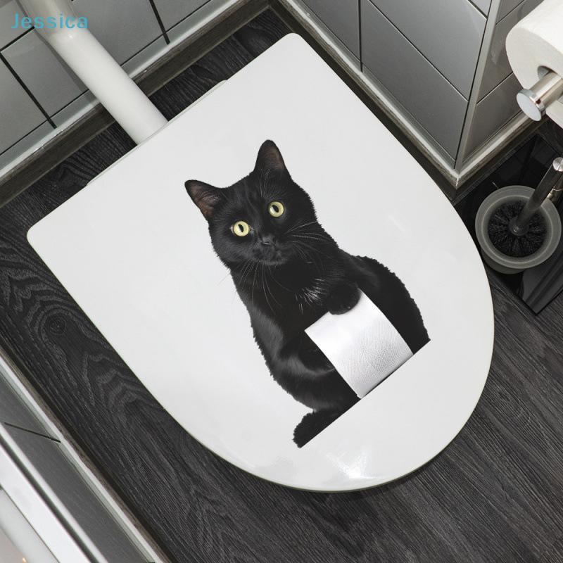 Funny Black Cat Toilet Sticker Humorous Bathroom Decal with Toilet Paper Design Self-Adhesive,