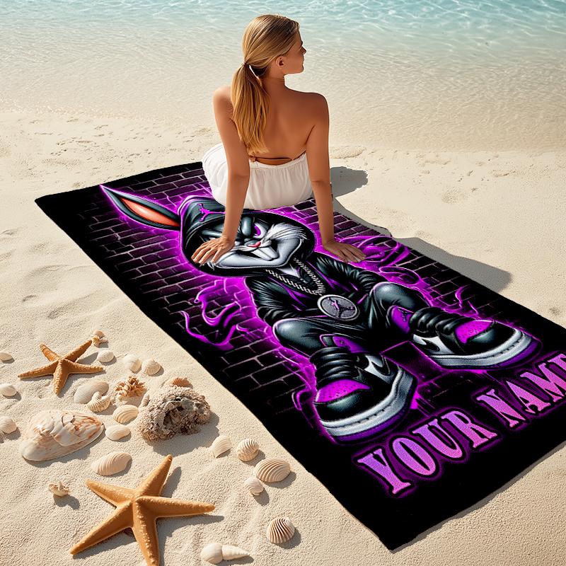 1PC Custom Name Rap Bunny Street Style Beach Towel Highly Absorbent And Sand-Resistant Towel for Swimming, Pool, Yoga, And Travel Lightweight