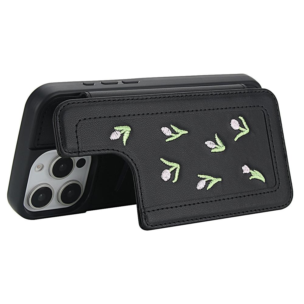 For iPhone 14 Pro Case Embroidered Tulips PU Leather Card Holder Back Cover with Shoulder Strap/Wrist Strap