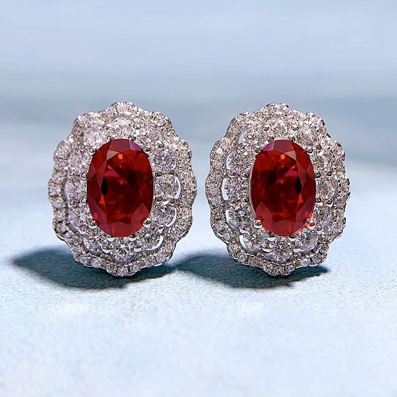 925 Sterling Silver Oval Ruby Cubic Zirconia Flower Stud Earrings Women  Accessories for Wedding Engagement  Lady's Jewelry Gift