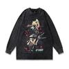 Vintage Washed Cotton Graphic Tee Men Loose Fit Round Neck Long Sleeve Anime Print Casual Top