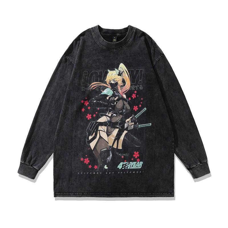 Vintage Washed Cotton Graphic Tee Men Loose Fit Round Neck Long Sleeve Anime Print Casual Top