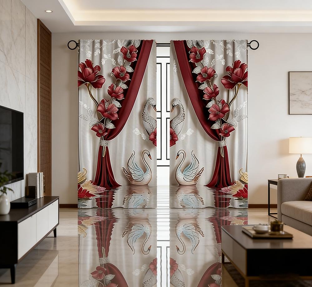 2PCS Digital Printed Curtains with Rose Swan Design, Stylish Window Drapes for Living Room Bedroom Home Decoration and Kitchen