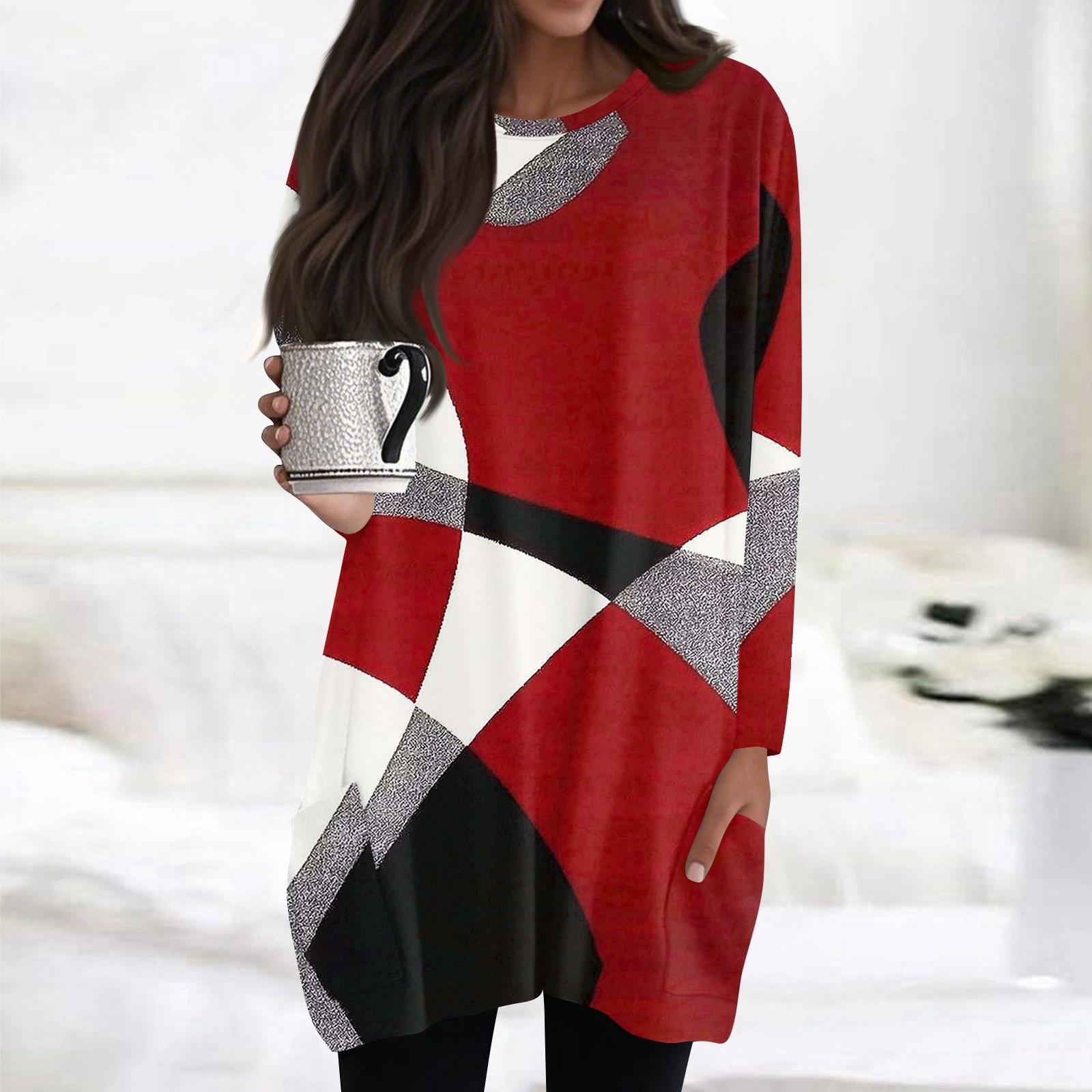 

Женские топы с круглым вырезом, блузки с длинным рукавом, повседневные рубашки средней длины, модные туники с принтом и карманами S винный