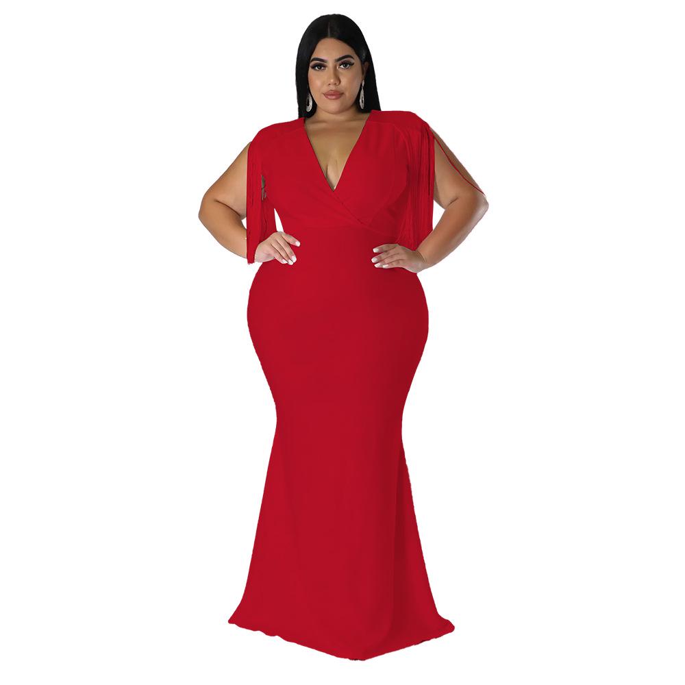 Plus Size Women's V-Neck Tassel Long Sleeve Slimming Dress