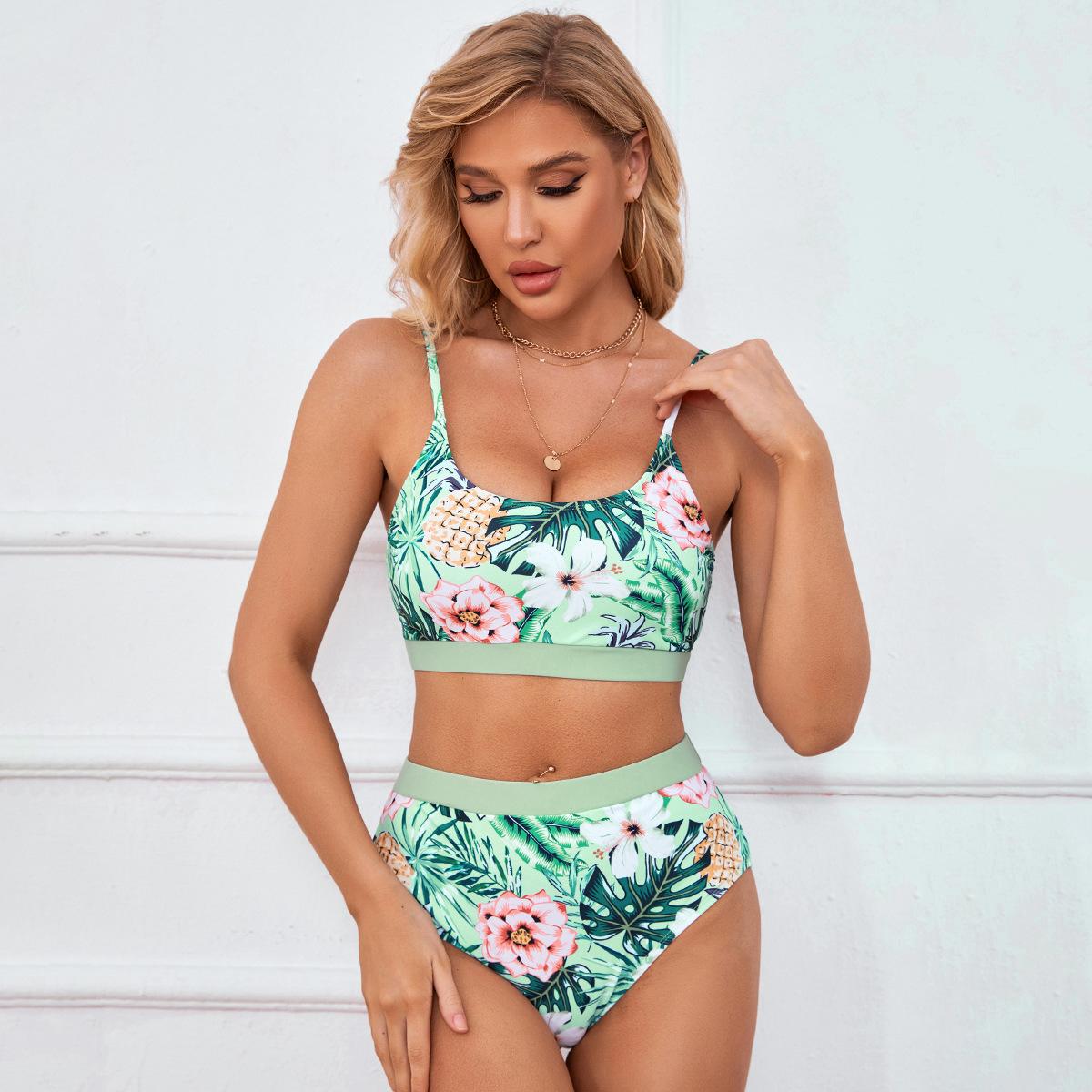 

Женский купальник с принтом U-образным вырезом и открытой спиной, сексуальный комплект бикини с высокой талией, пляжная одежда, купальные костюмы