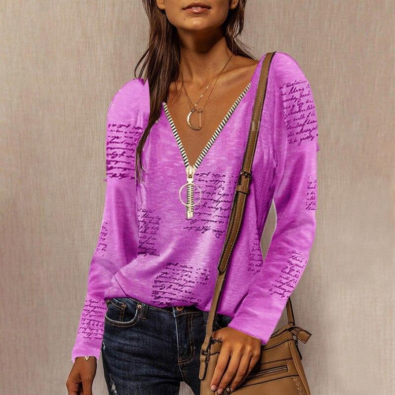 Fashion Autumn Zipper V Neck Letter Printed Long-sleeved Casual Shirt Women Loose Vintage Elegant Sexy Oversize T-shirt Top