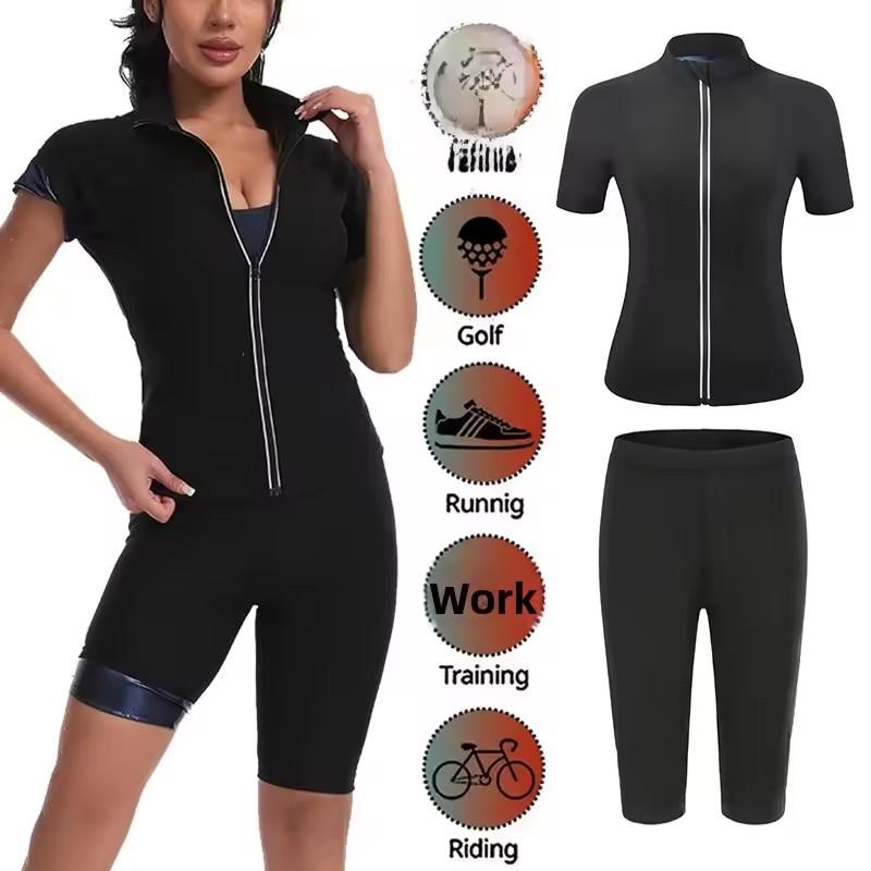 Damen Sauna Anzug 2-teiliges Set Kurzarm Top + Shorts Heißes Schweiß-Schlankheits-Sportbekleidung für Yoga Laufen Workout