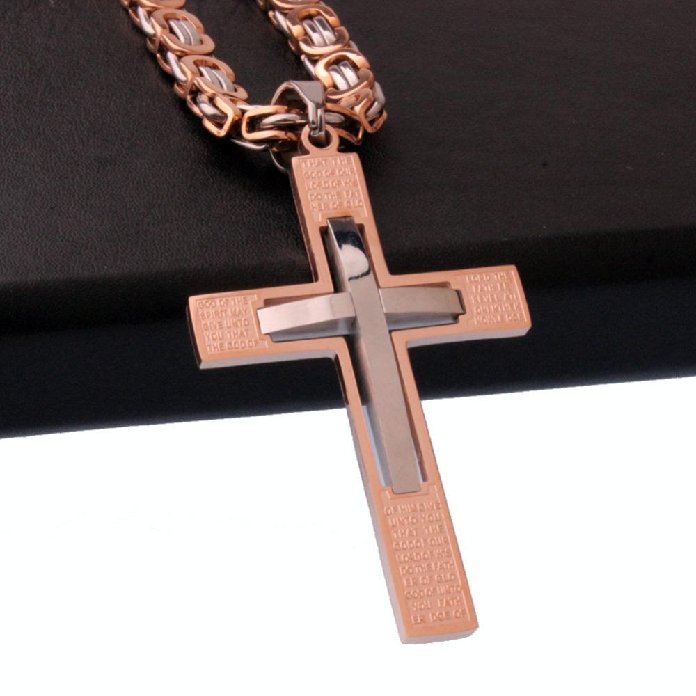 Fashion Rose Gold Cross Pendant Necklace Male Gift Trendy Stainless Steel 6mm Flast Byzantine Chain