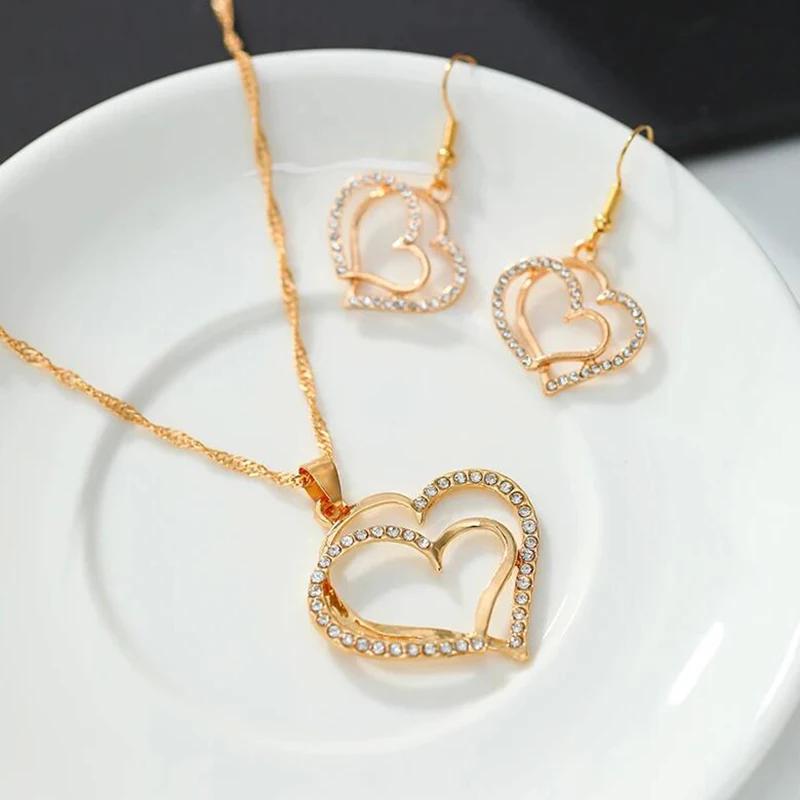3 PCS Set Heart Shaped Jewelry Set of Earrings Pendant Necklace for Women Exquisite Fashion Rhinestone Double Heart Jewelry Set