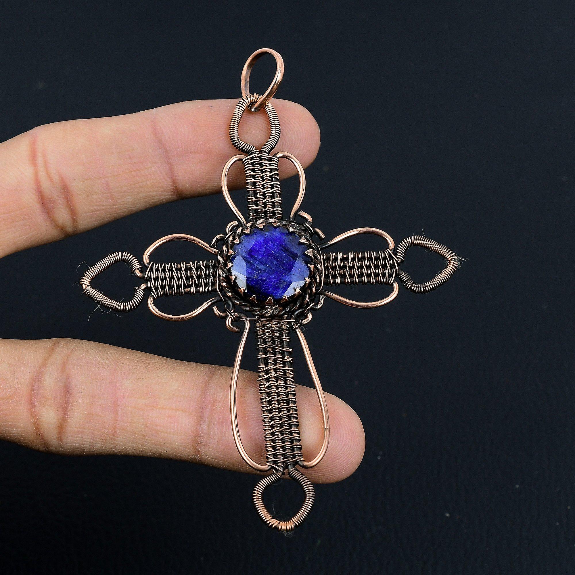 

Blue Sapphire Cross Pendant, Handmade Gemstone Pendant, 999 Copper Wire Wrapped Pendant Antique Jewelry, For Engagement Gift 2.30 Inches