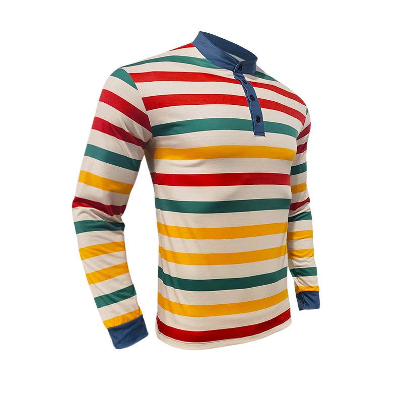 Spring Autumn Men's Striped Polo Shirts Long Sleeve Casual O-Neck Loose Tees Tops