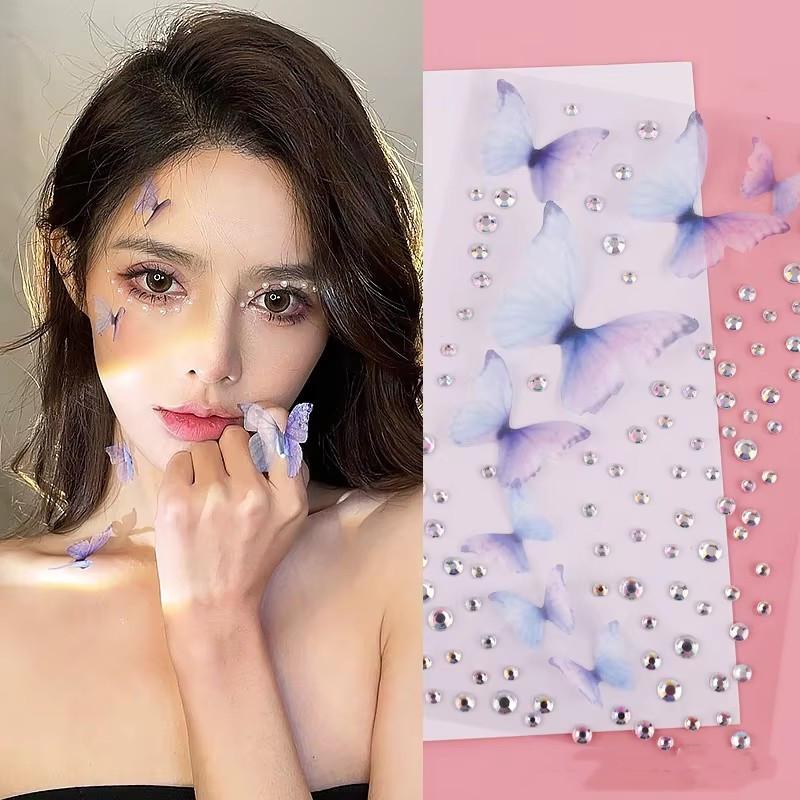 Waterproof Rhinestone Butterfly Face Stickers Pearl Temporary Tattoo Stickers Lasting Glitter Body for Nail Face Makeup Decora