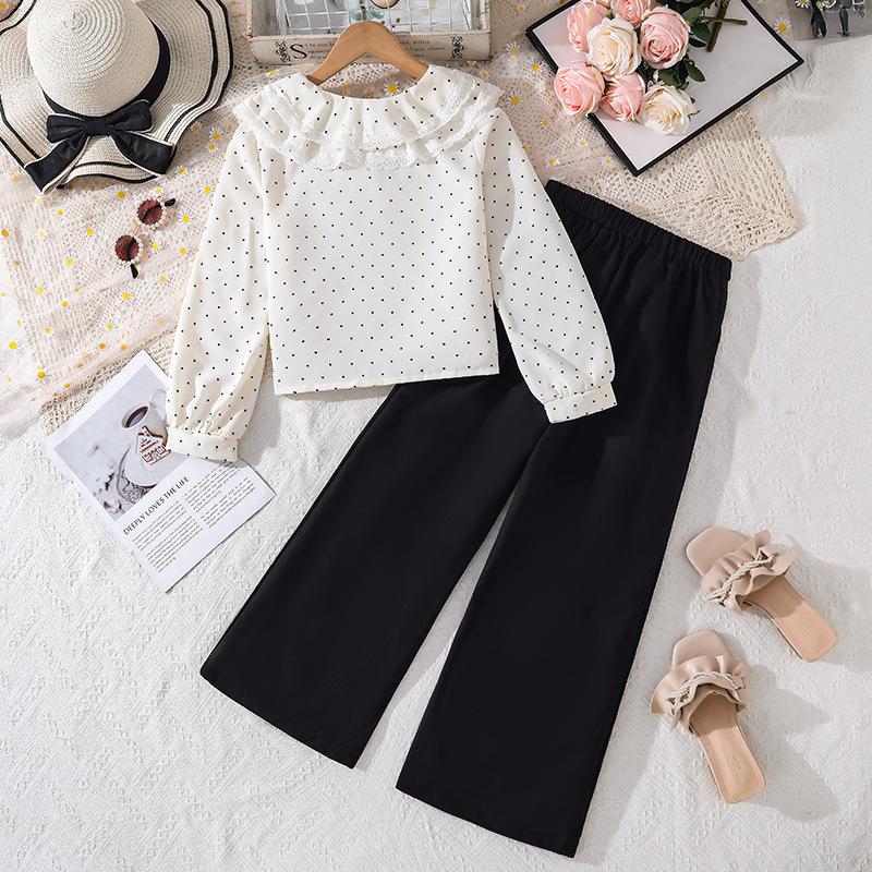Girls' Fashion Set - Spring-Autumn Children's Sweet Polka Dot Long-Sleeved Shirt + Pants Set