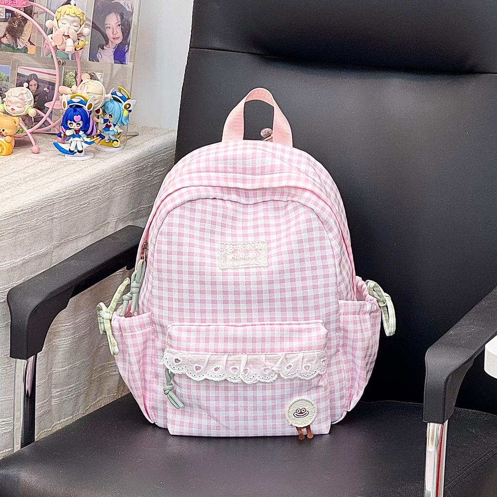 Schoolbag New Summer Lace Plaid Girl Children's Travel Backpack Primary School Bag Women's Spring Picnic Small Backpack