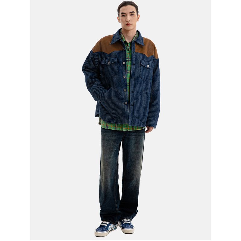American-Style Retro Denim Patchwork Work Shirt Cotton Jacket for Men Winter Coat Foreign Trade Men's Cotton Clothing