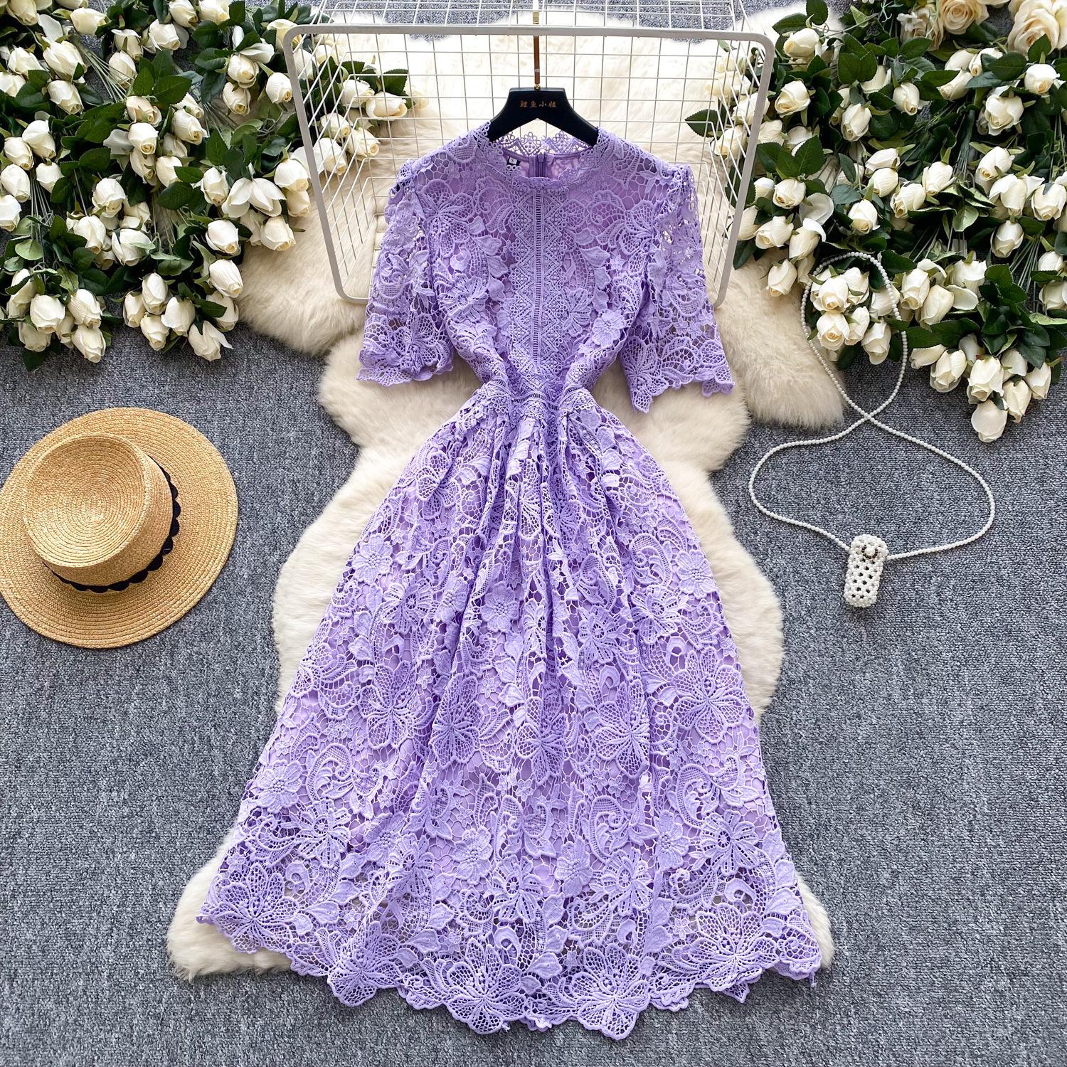 French high-end hollow crochet lace short-sleeved