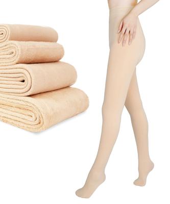 Fabrich Faux Compression 1200 220g Women's Fleece-Lined Tights, Sheer, Stocking-Like, Warm, Thick, Tights, Denier, Winter, Beige,