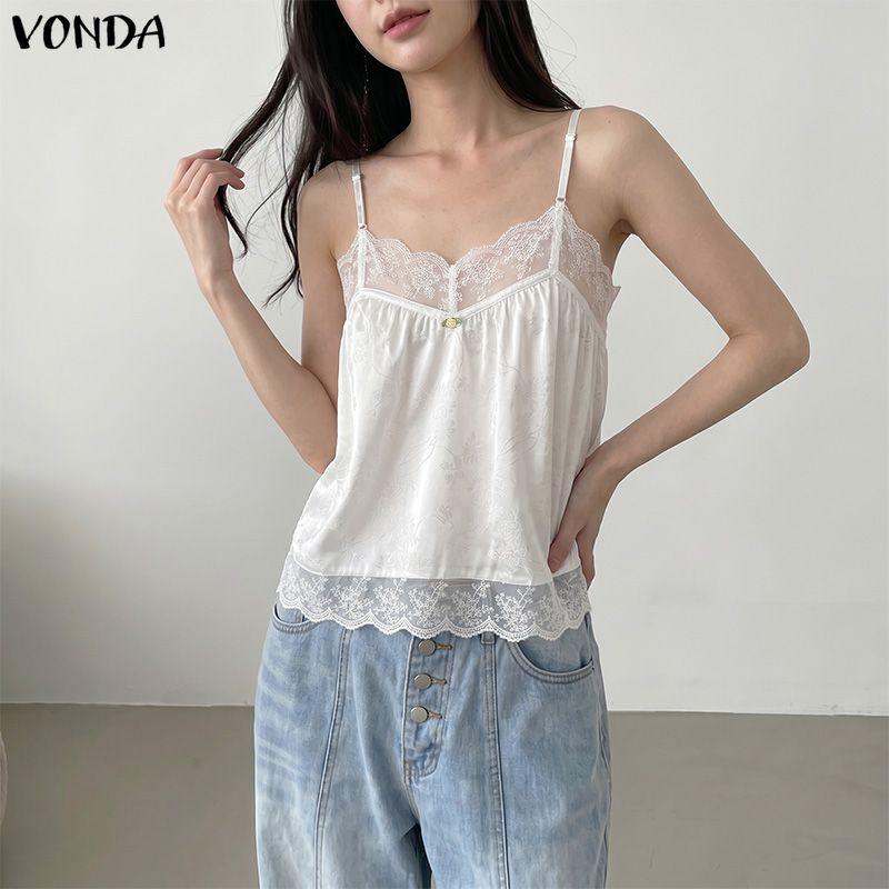 VONDA Women's Sexy Lace Trim V-Neck Sleeveless Spaghetti Strap Cami Tank Top