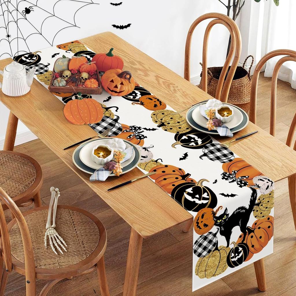Bonhause Pumpkin Halloween Table Runner 13x60 Inch Jack-O-Lantern Black Cat Bat Spooky Kitchen Dinning Table Decoration for Fall Indoor Outdoor Home