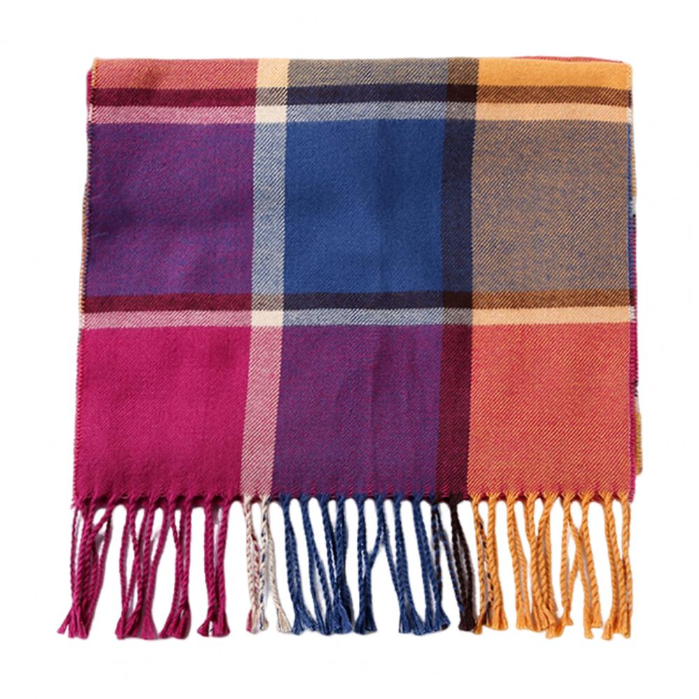 Men Scarf Plaid Pattern Tassel Trim Long Style Wrap Imitation Cashmere Thermal Insulation Scarf Daily Wear