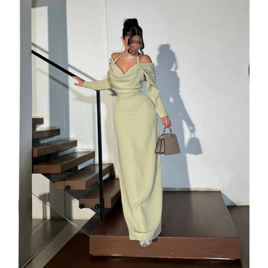 Spring Summer Elegant Sexy Off-the-shoulder Halter Tie Long Sleeve Bandage Bodycon Party Ball Dress for Women