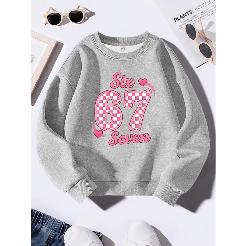 Unisex Kids Pink Crewneck Sweatshirt For 4-12 Girls Pink Checkered Number 67 Six Seven Heart Glitter Print Soft Fleece Long Sleeve Pullover