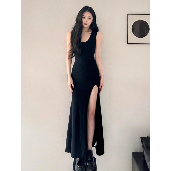 

Slimming Black Spaghetti Strap Bodycon Dress with Slit - Women s Sexy Summer Wear L