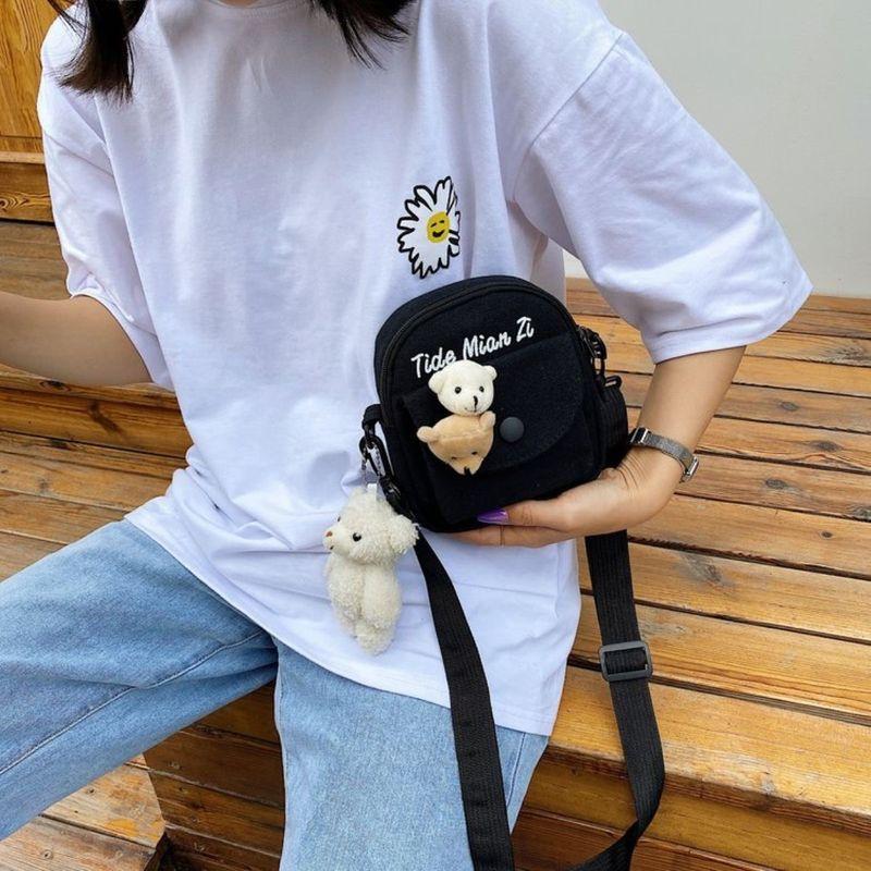 

Korean Style All-Match Student Girl Heart Little Bear Shoulder Bag Black with two bear heads (with pendant)