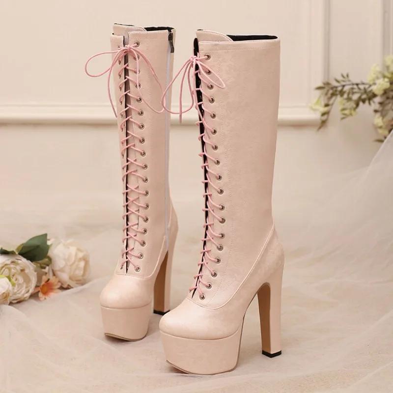 Móda Nové Potištěné Křížové Pásky Černé Bílé Kozačky nad Koleno Evropské Americké Dámské Vodotěsné Platformové Kozačky na Vysokém Podpatku 15cm 47