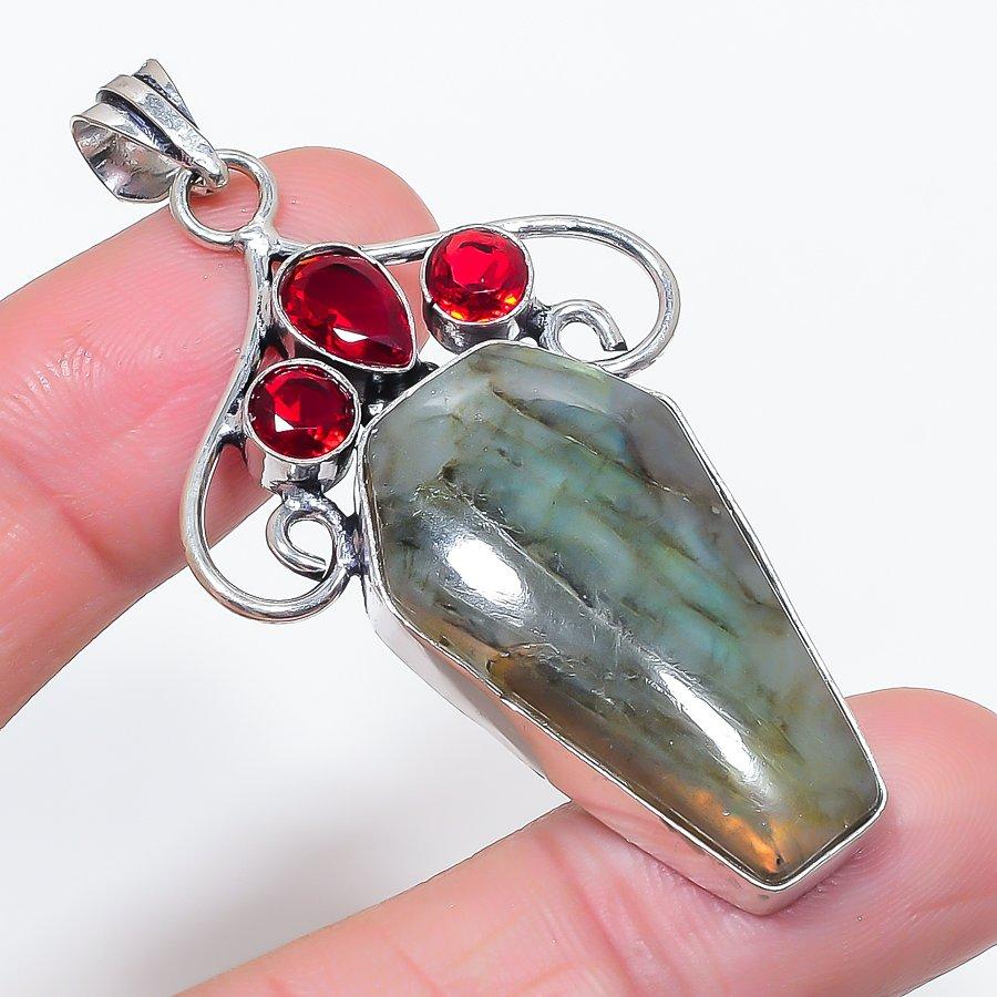 Natural Labradorite, Garnet 925 Sterling Silver Jewelry Pendant 2.52" A1z00