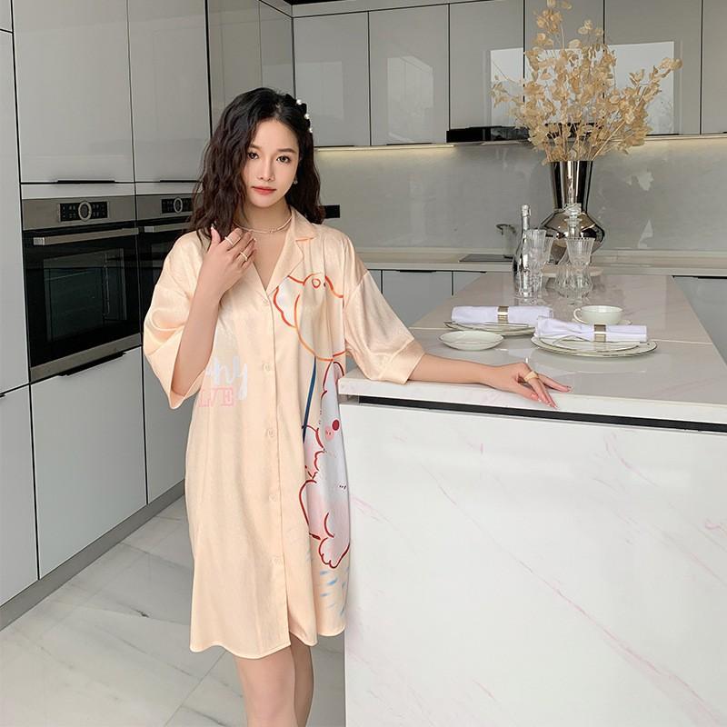 Ropa de Dormir Cómoda de Verano para Mujer Botones Delanteros Seda de Hielo Ropa para el Hogar Suelta Casual Estampada para Descansar