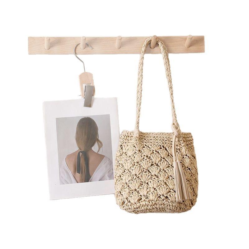 Fashionable Fringed Woven Straw Bag Single Shoulder Holiday Beach Women's Bag Hollow Fan Pattern Versatile Neutral Minimalist St