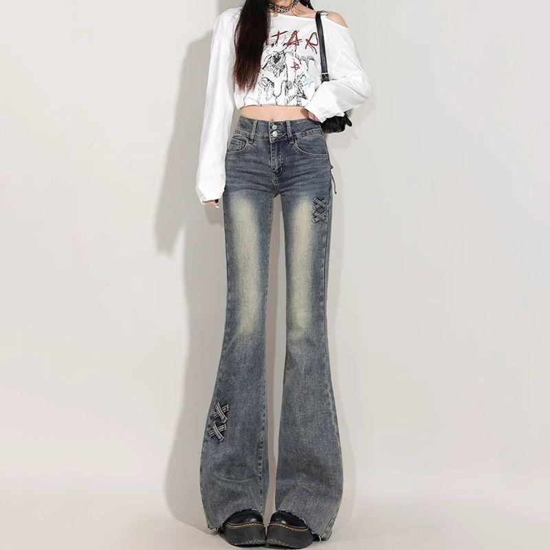 

Retro Blue High-Waist Stretch Flared Slim Fit Jeans with Double Buttons 2XL 125-140