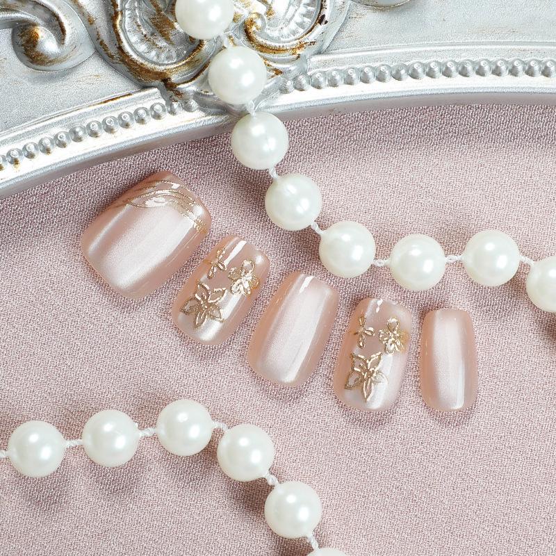 30-Piece Bestseller Cat Eye Blush Nails with Gold Edge  Floral Design