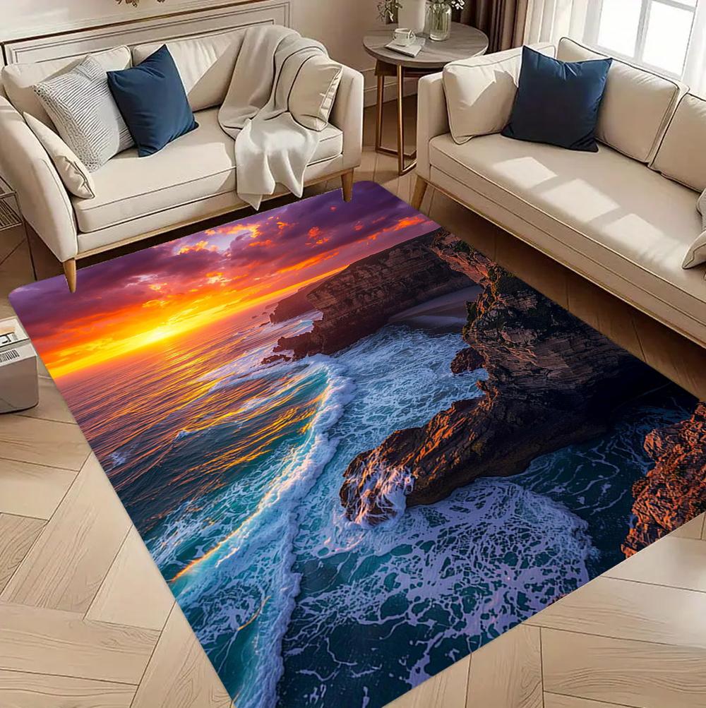 3D Sunset Ocean Beach Cliff Area Rug for Living Room Bedroom Non Slip Floor Mat Modern Home Decor Carpet Gift