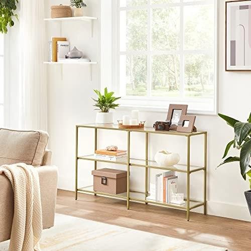Console table, sofa with 3 shelves, glass shelf, 130 x 30 x 73.3 cm, metal frame, modern, for bedroom living room in the hallway,