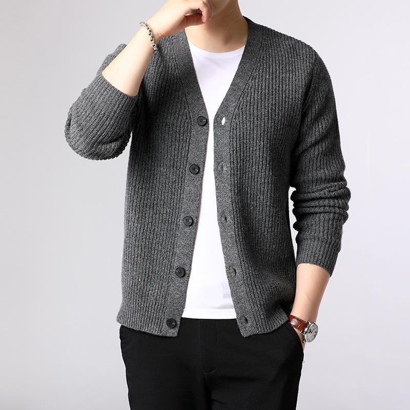 

Autumn 2022 Men s Korean Style Jacquard Knit Cardigan - Long Sleeve, Slim Fit, Solid Color Trendy Sweater Double Extra Large темно-серого