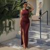 European and American One-word Flat Shoulder Elastic Dress Long Skirt Waist Strap High Split Fork Slim Hip Banquet Fishtail Dress