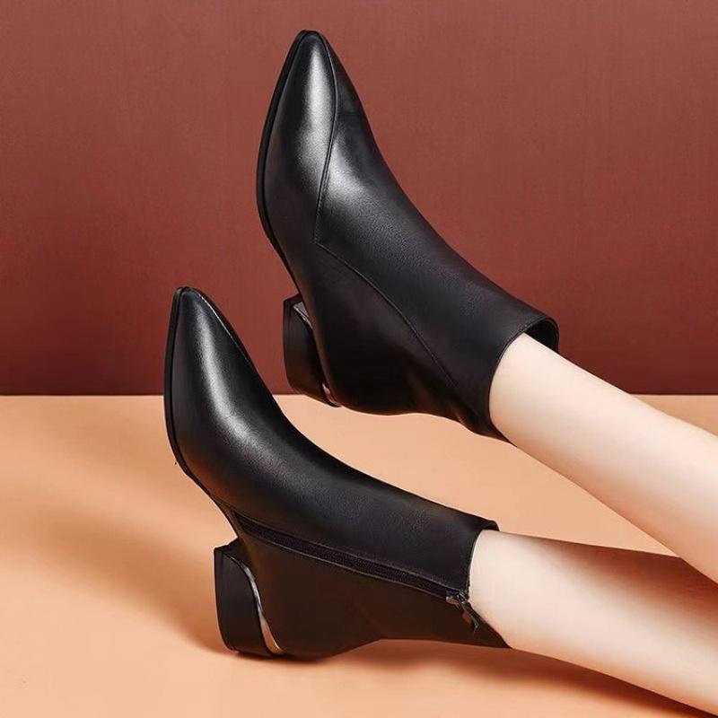 Winter New Women's French Style Ankle Boots - Pointed Toe Side Zip Low Heel Soft Leather Booties Retro Comfortable  Shoes