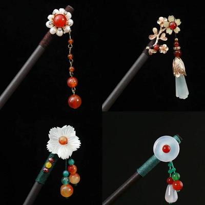 Retro Damen Ebenholz Quaste Treten Haarstab Haarnadel Chinesischer Stil Handgefertigte Haaraccessoires Hanfu Kopfschmuck Blume Haargabel