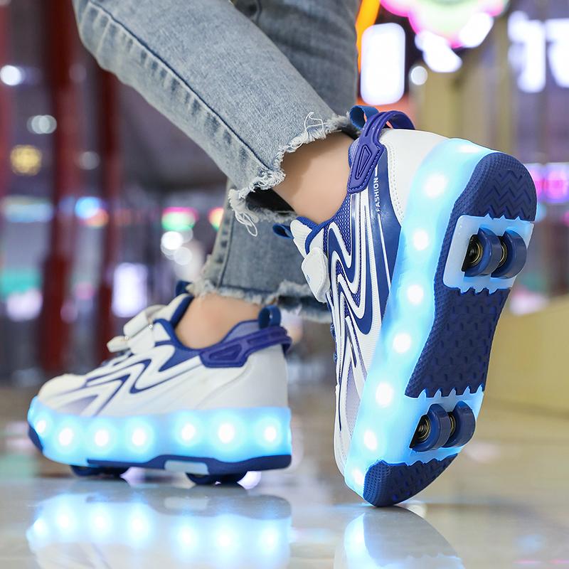 Kids Glowing Sneakers Rubbing Shoes Charging and Disassembling Four Wheels Slide Shoes LED Kids Glowing Sneakers