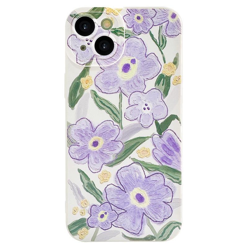 Applicable iPhone11promax Mobile Phone Case All-inclusive 11 Personality 11 Huawei Oppo Redmi Purple Oil Painting Flowers