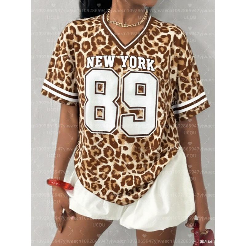 

Women s NEW YORK Leopard NO.89 Print V-Neck Short Sleeve T-Shirt Summer Graphic Tee Baseball Jerseys Plus Size Sport T-Shirt M