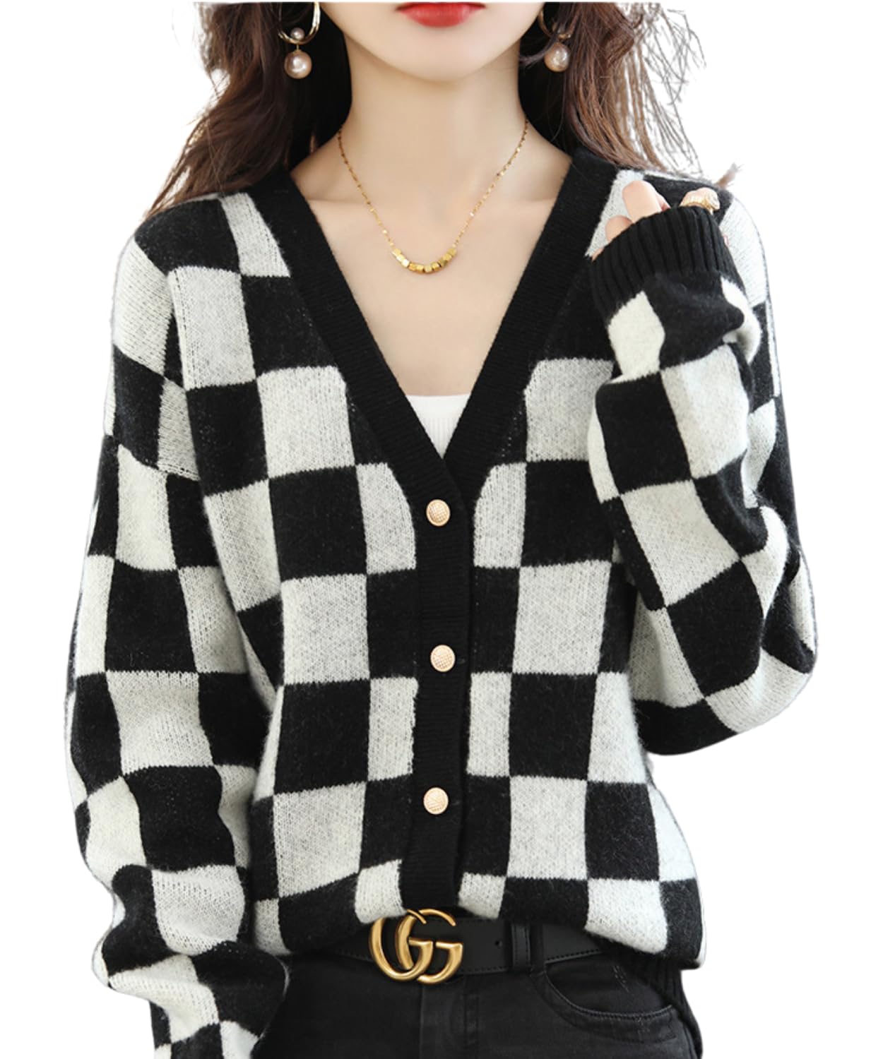 

Dep Club Gingham Check Patterned Office Long Outerwear Women s Cardigan, Top, Knit, Warm, Button-Down, Sleeves, Spring, Autumn, Winter, (Black)