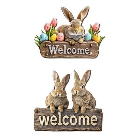 Easter Bunny Welcome Door Sign, Welcome Sign for Front Door, Cute Wooden Rabbit Hanging Plaque, Farmhouse Front Porch Sign for Spring Shop Home