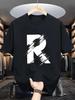 Men  Cotton Crew Neck T Shirt Big Scratch Brush Stroke R Letter Print Black Minimalist Short Sleeve Street Tees