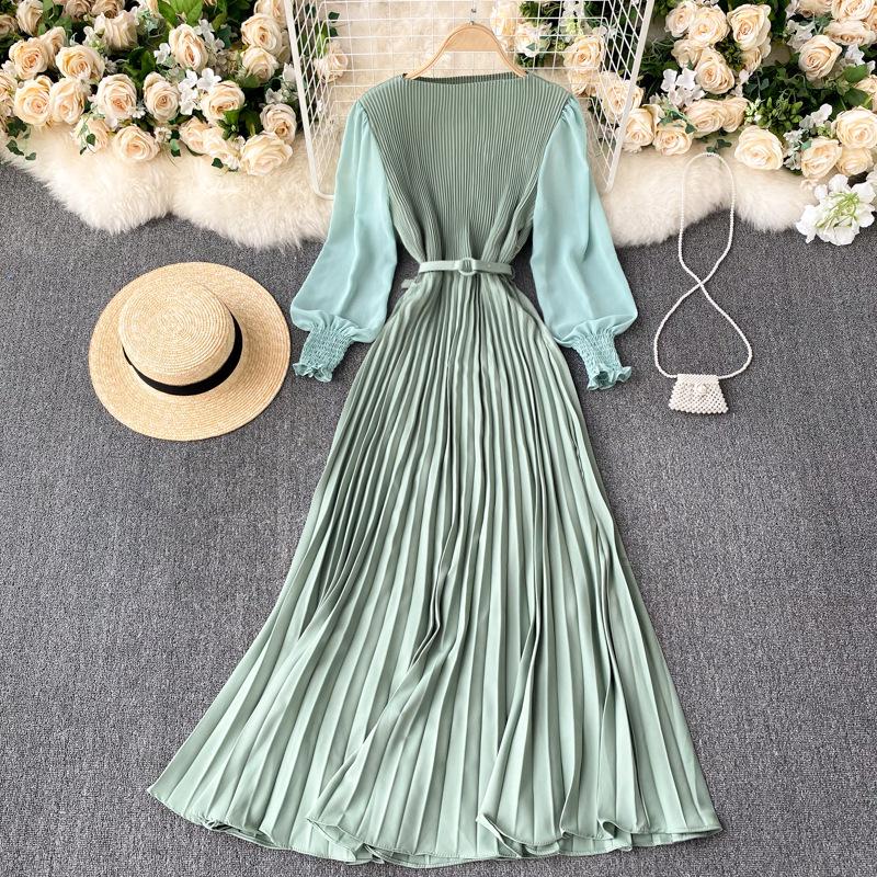 

French Spring Slimming Pleated Dress - Elegant Waist-Cinching Long Skirt One Size