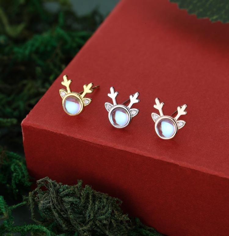 Higu E1015 S925 Silver Moonstone Antler Stud Earrings - New Christmas Trend, Mori Style